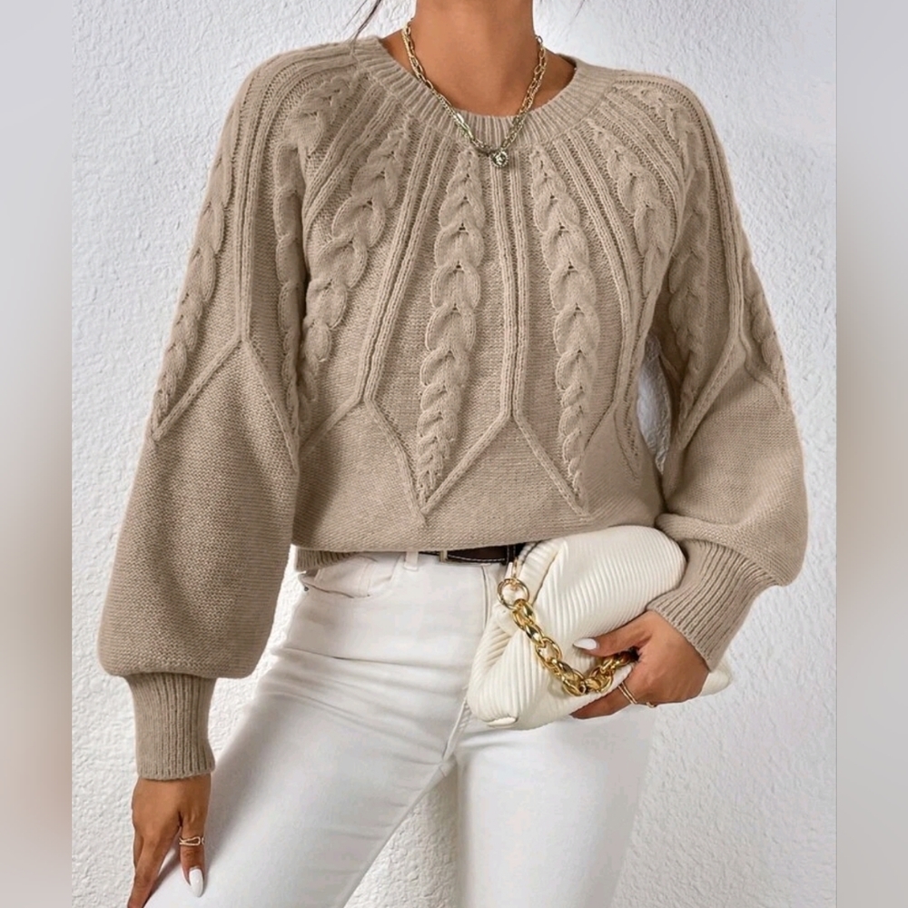 NEW Chic Textured Fair Isle Look Cable Knit Sweater Top Bishop Sleeve Beige - Picture 1 of 9